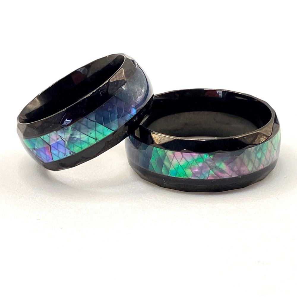Iridescent Abalone Shell Inlay Band Ring in Black Stainless Steel